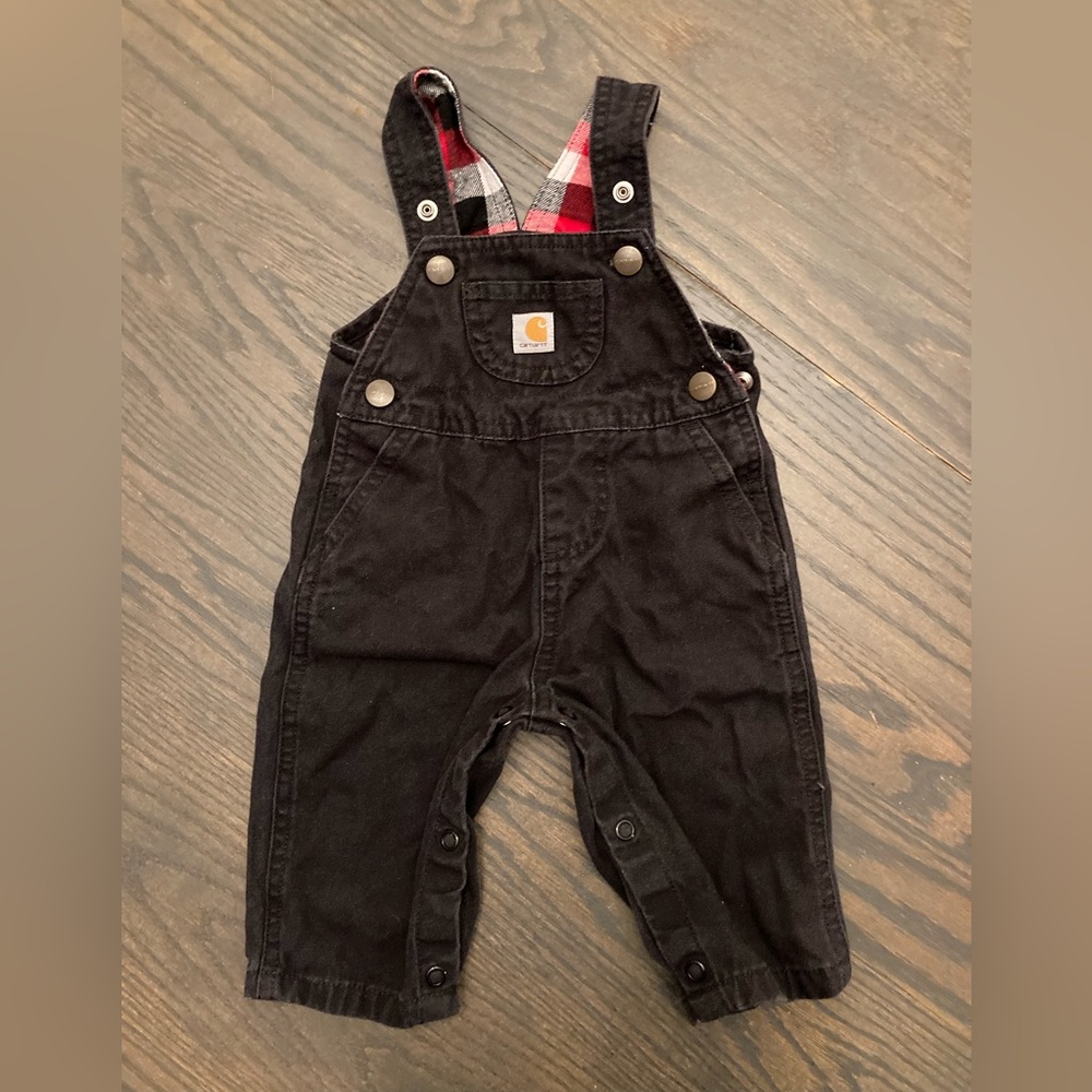 Baby Infant 3-6 Months Black Carhartt Denim Overalls Bibs Red Plaid
